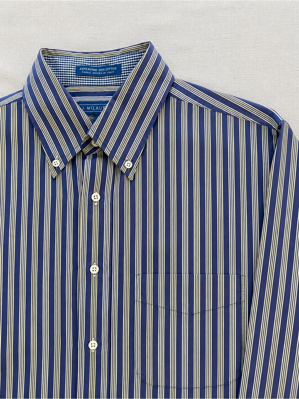 J. McLaughlin Men’s Large Blue Yellow Stripe Button Down Shirt Italian Cotton
